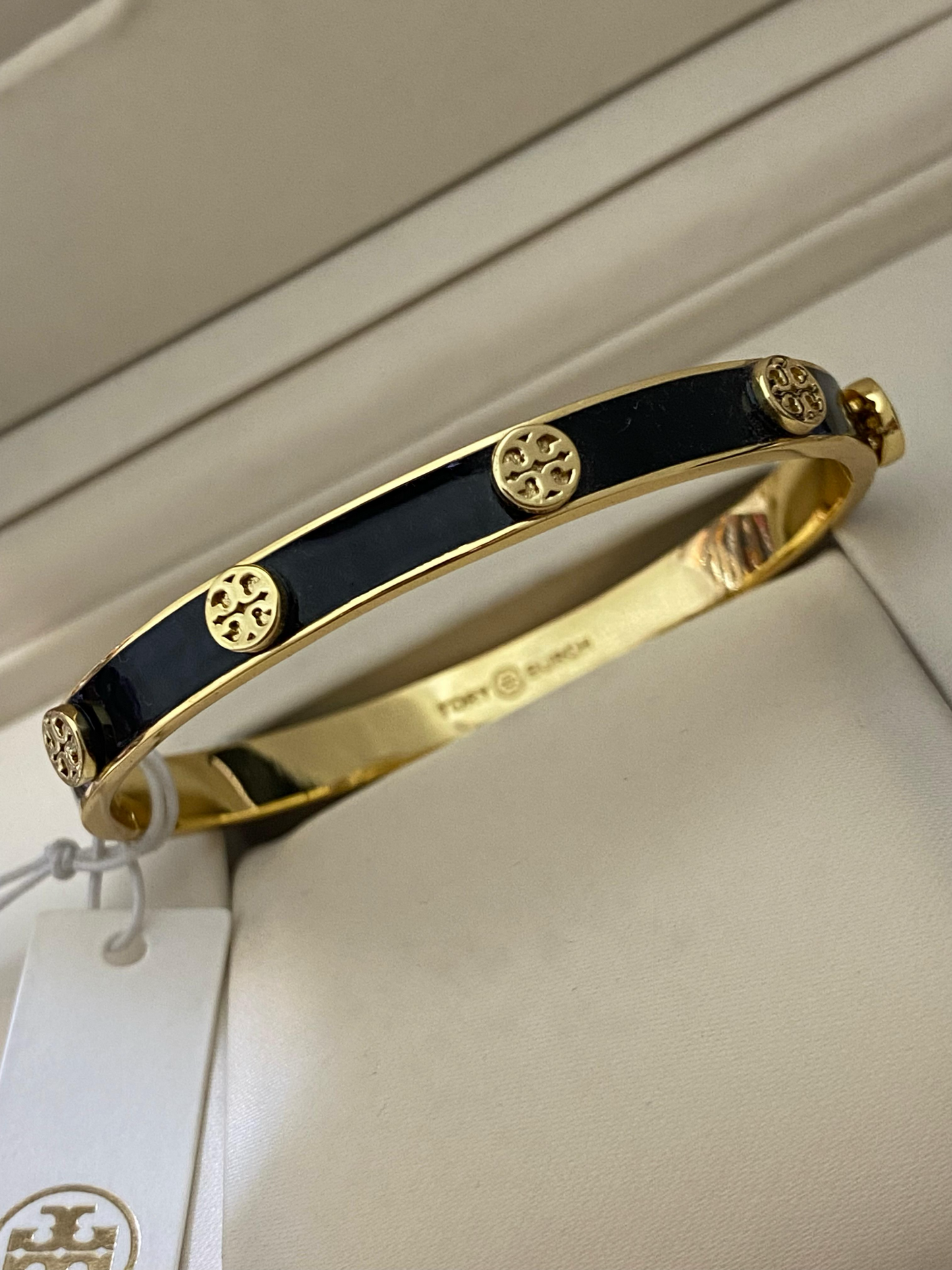Black Enamel & Gold Medallion Slim Bangle Bracelet