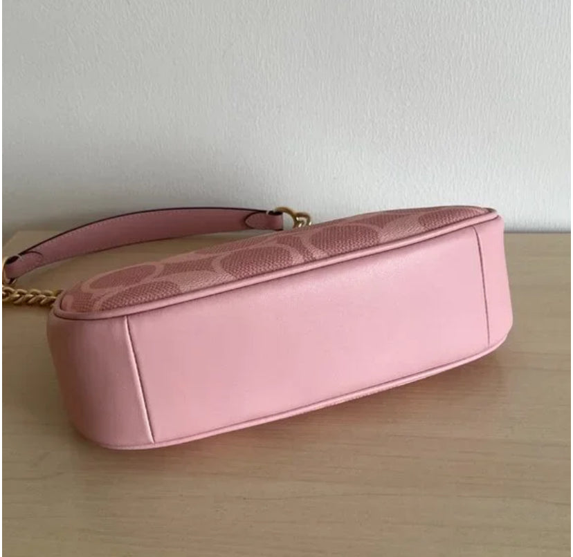 Blush Pink Monogram Shoulder Bag – Mini Crescent Design with Gold Chain