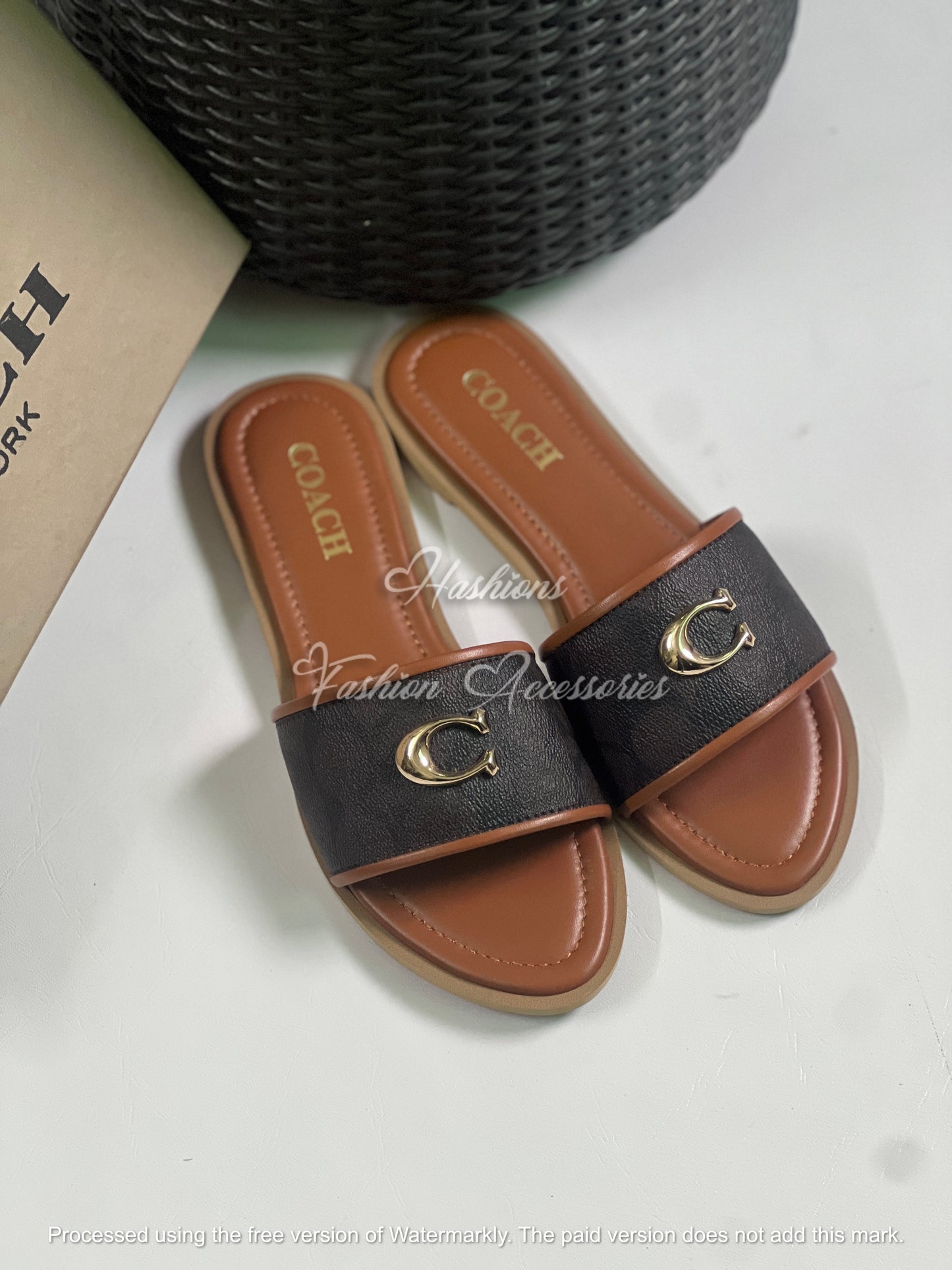 Premium Brown & Black Slip-On Flat Sandals for Women – Comfort Sole, Gold Buckle Detail, Everyday Casual Flats