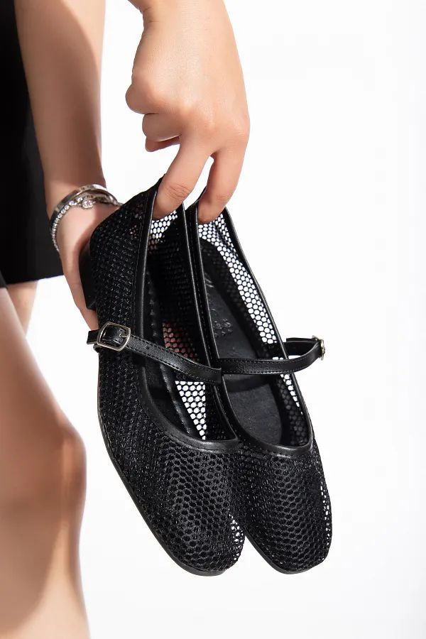 Mesh Mary Jane Flats – Beige & Black | Breathable Ballet Flats for Women