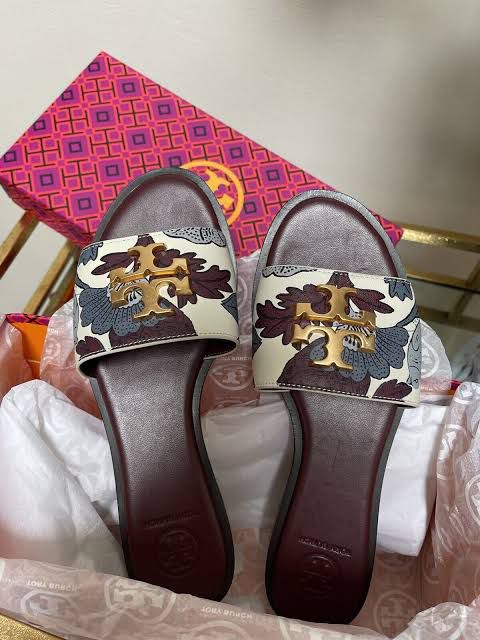 Vibrant Floral Print Slide Sandals - Bird Motif Gold Hardware Flats
