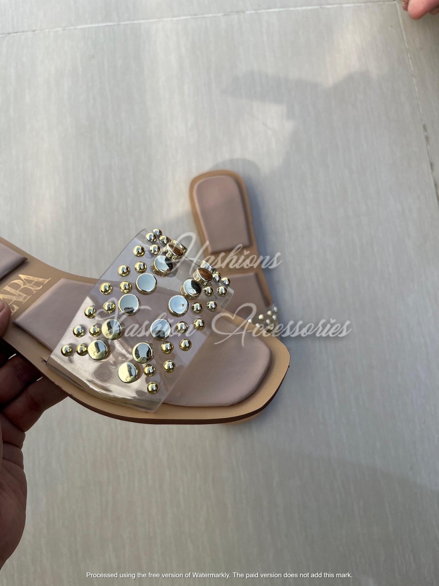 Gold Stud Clear Strap Slide Sandals - Nude Transparent Flats