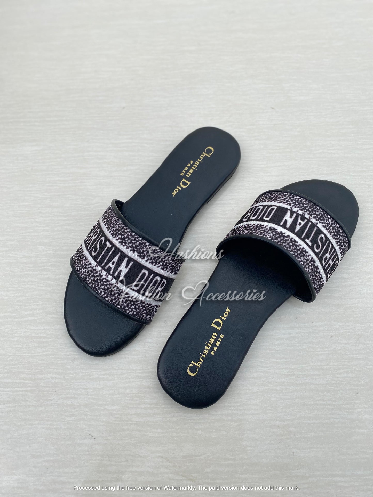 Patterned Canvas Slide Sandals - Black & White Comfort Flats