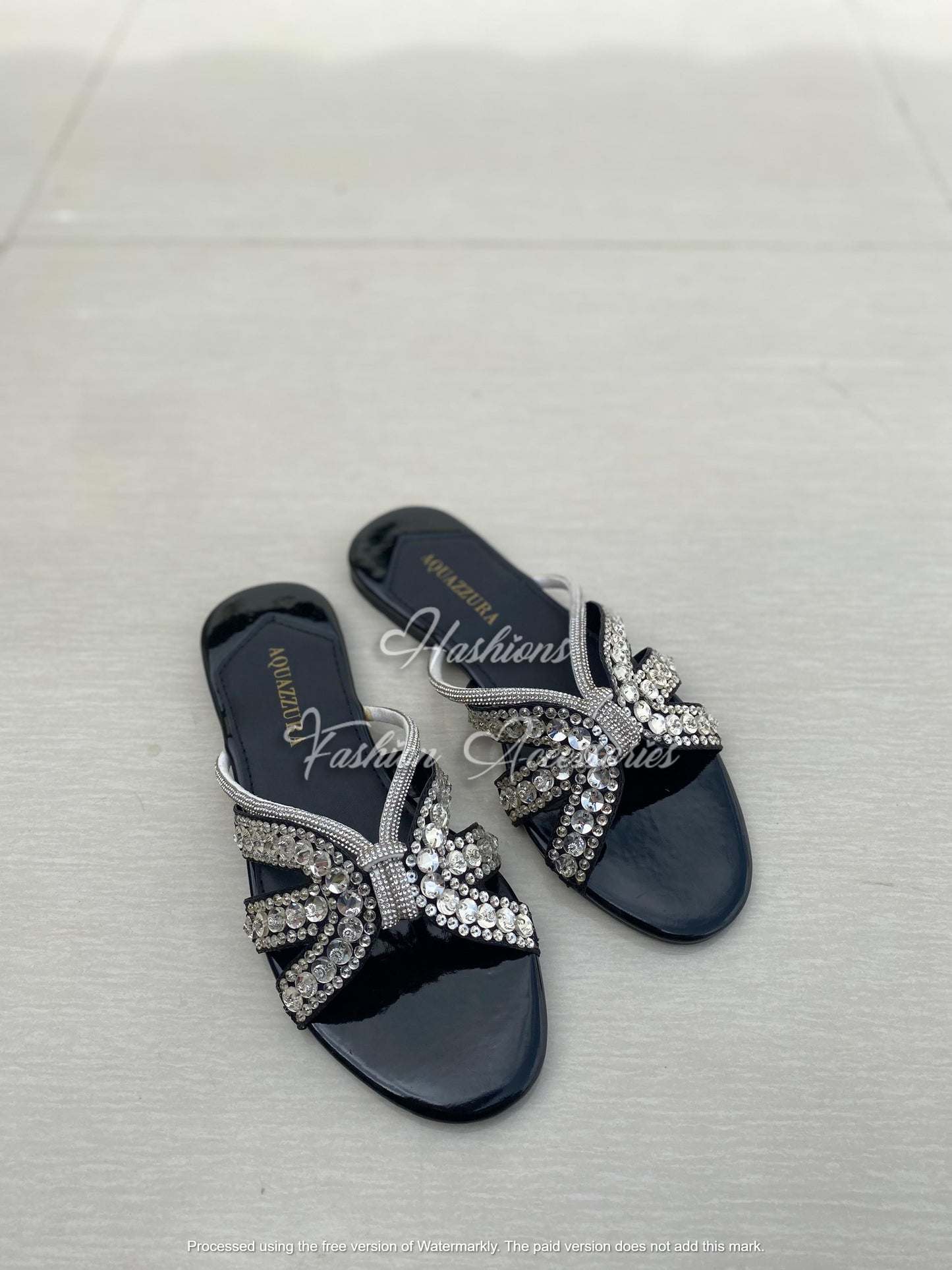 Rhinestone Bow Slide Sandals - Silver Metallic Dressy Flats