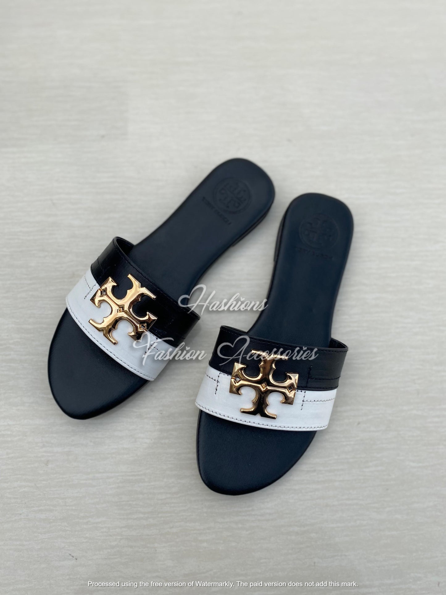 Color Block Slide Sandals - Black White Gold Hardware Flats