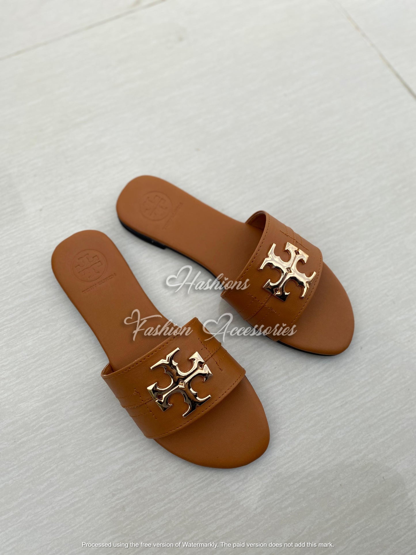 Classic Gold Hardware Slide Sandals - Black Leather-Look Flats