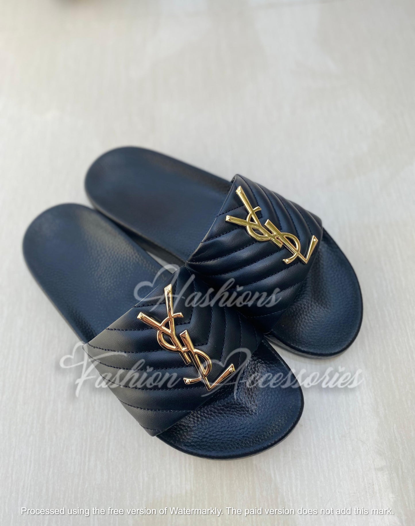 YSL Saint Laurent Quilted Slides – Black with Gold Monogram