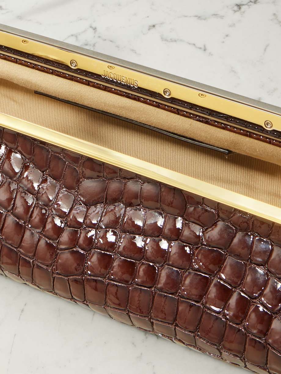 Croc-Embossed Frame Shoulder Clutch – Kiss-Lock Evening Baguette in Chocolate Brown