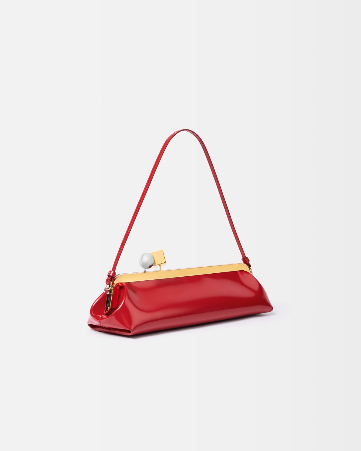Red Frame Shoulder Clutch – Patent Baguette with Kiss-Lock & Strap