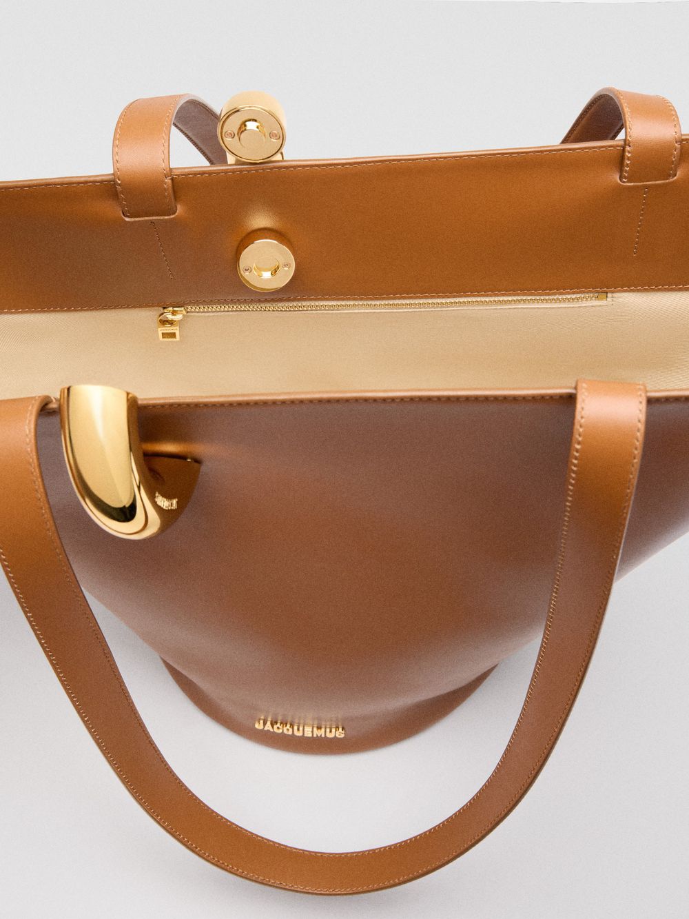 Sculptural Bucket Tote in Tan – Large Shoulder Bag with Ring Detail