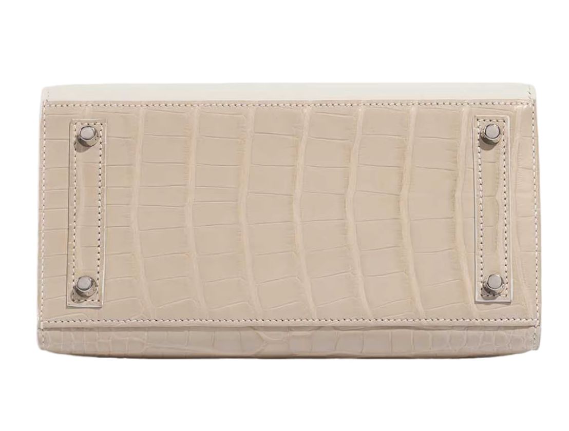 Architectural Top-Handle Tote – Croc-Embossed Cream/Beige, Window Appliqué, Structured Medium Bag
