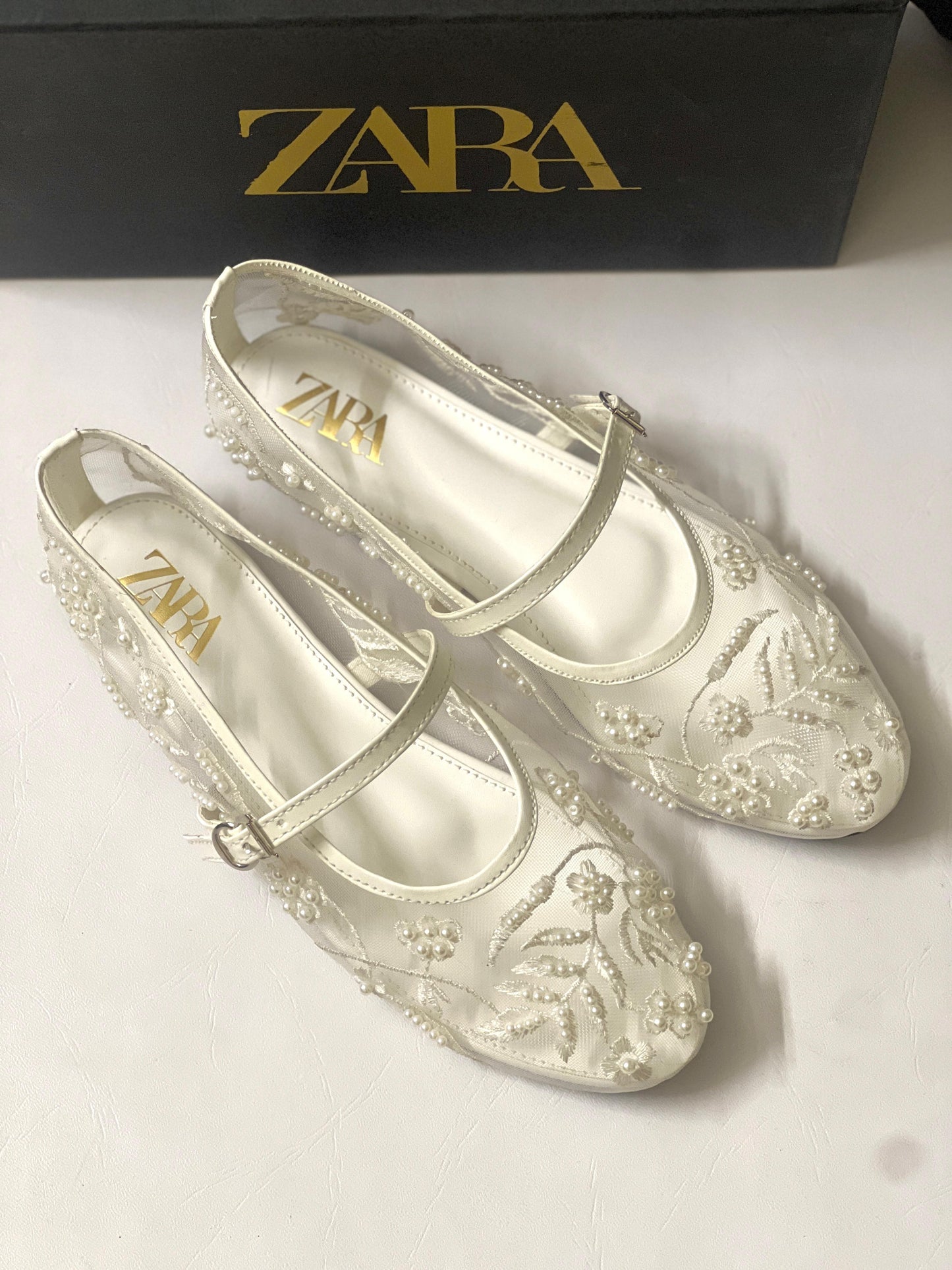 Floral Embroidered Mesh Mary Jane Flats | Pearl & Bead Embellished Sheer Ballet Pumps