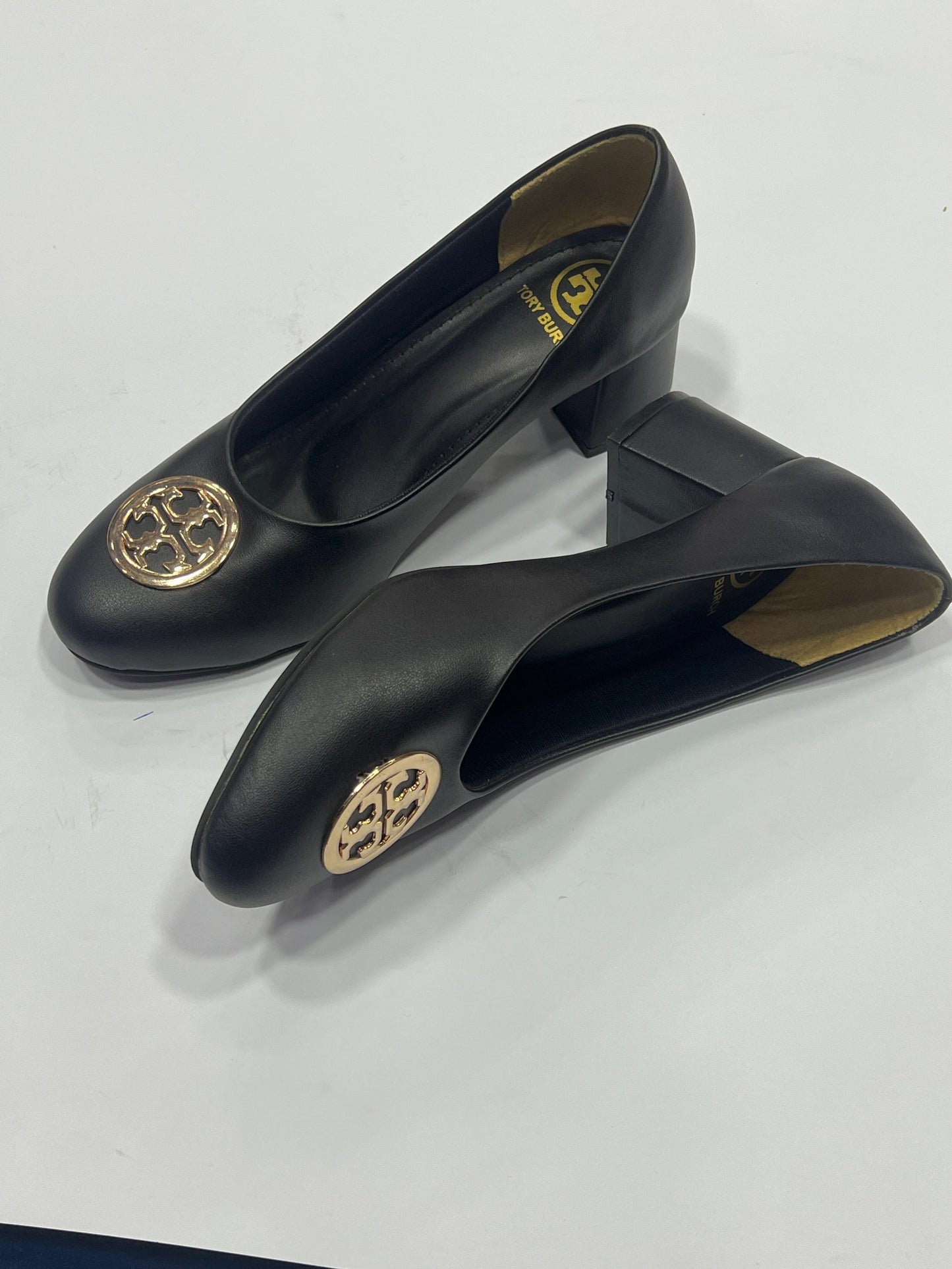 Women’s Classic Round Toe Block Heels with Gold Medallion – Comfort Work Pumps