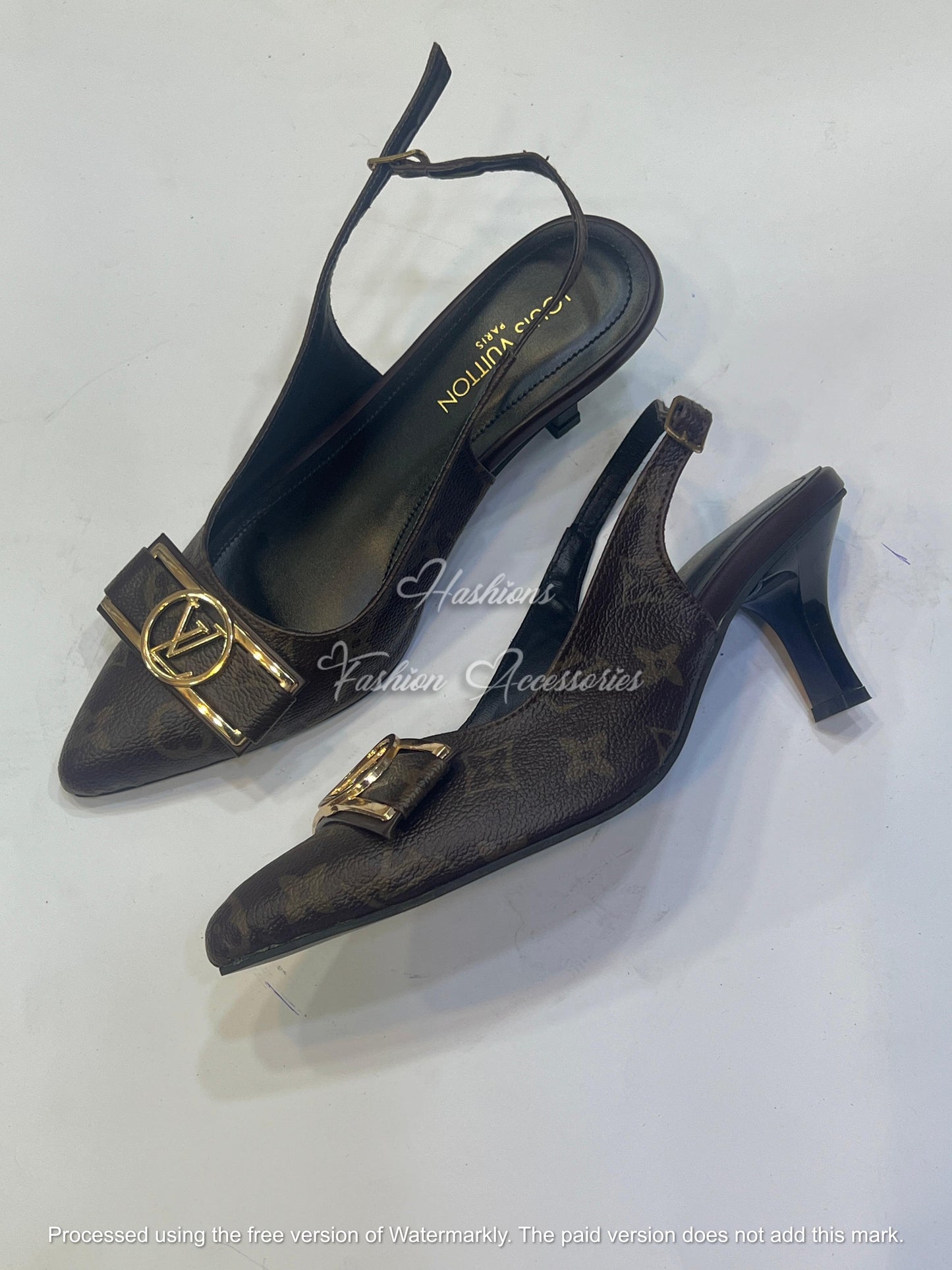 Pointed Toe Slingback Heels with Gold Buckle Accent