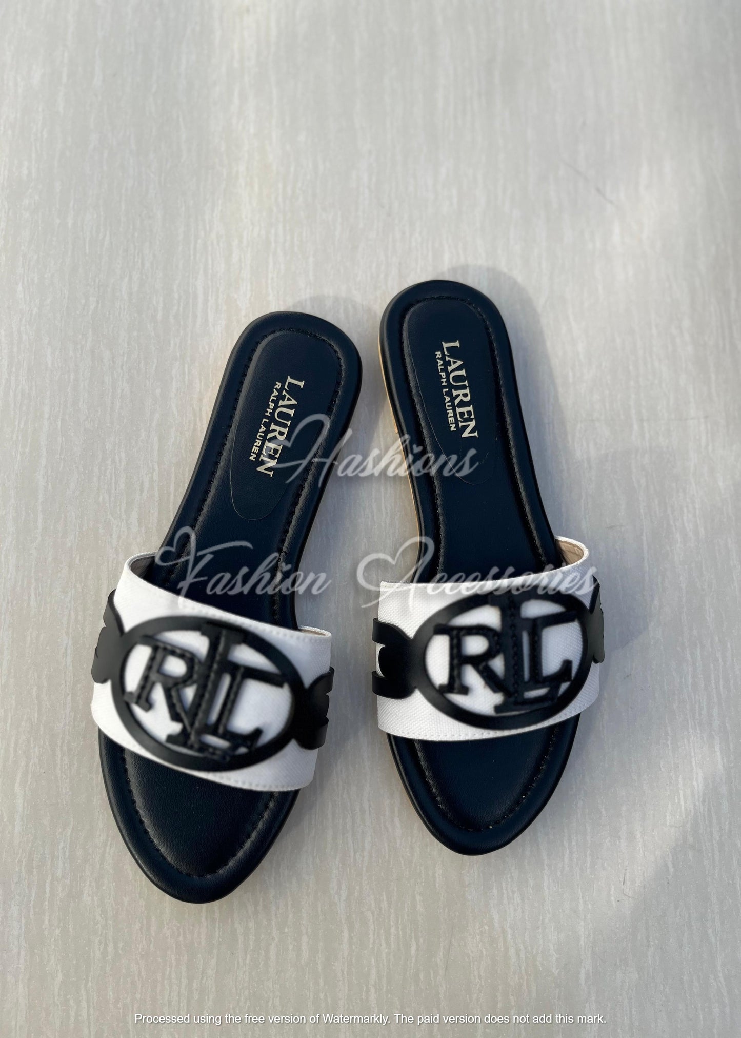 Monogram Flats – Tan & Black | Women’s Slip-On Logo Sandals