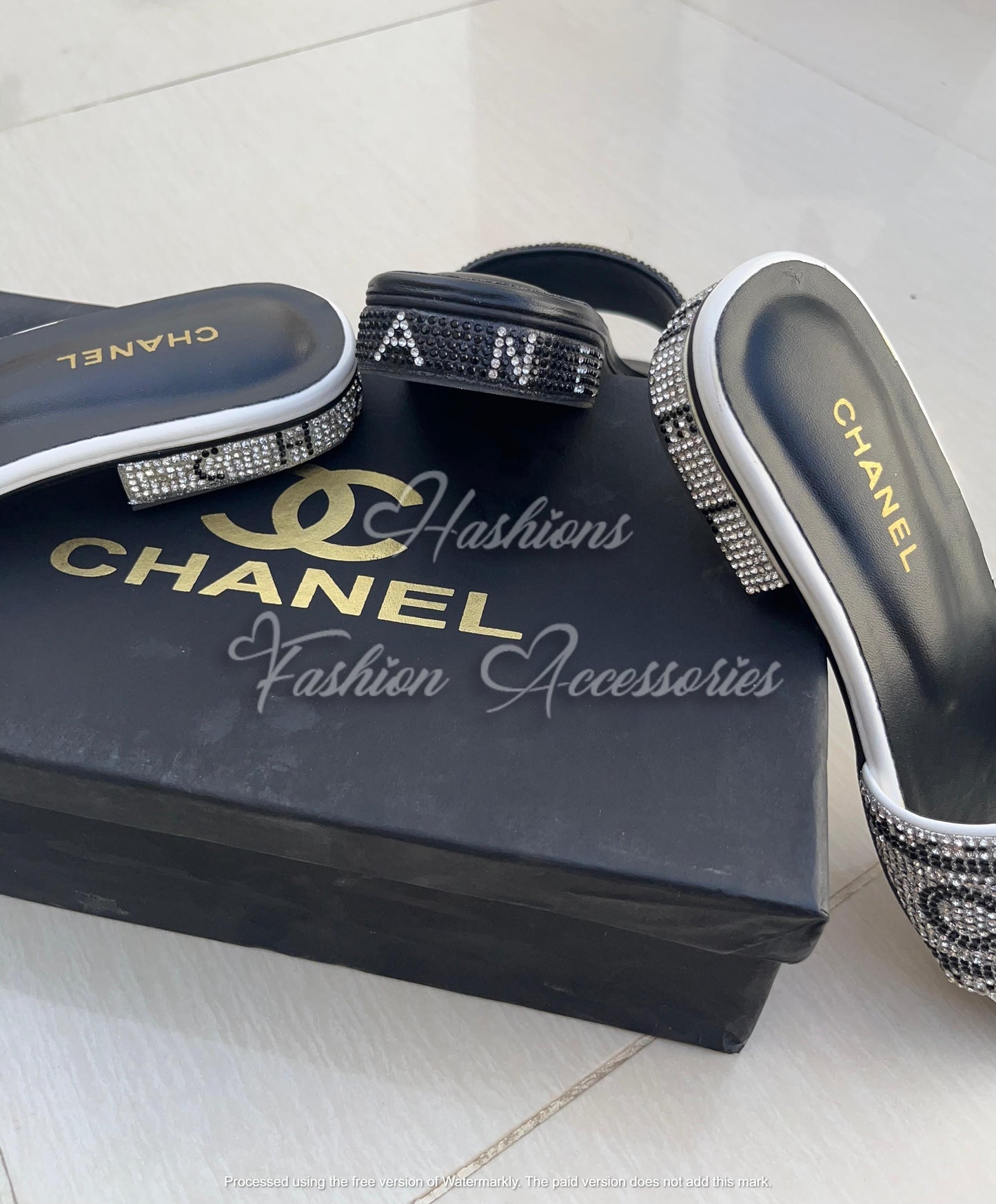 Rhinestone Letter Slide Sandals - Black Crystal Accent Flats