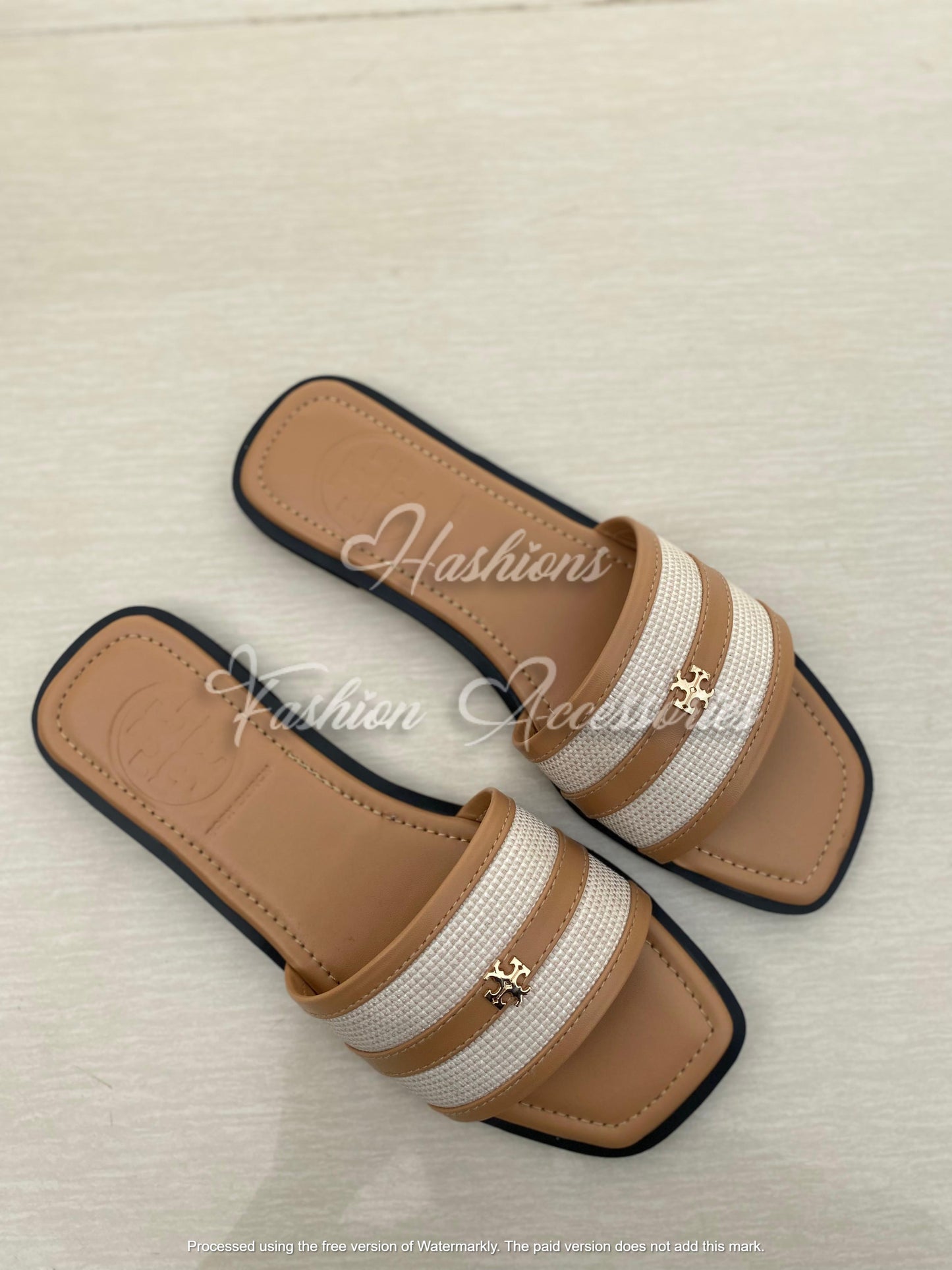 Women’s Two-Tone Double Strap Flats – Black & Tan Slip-On Slides