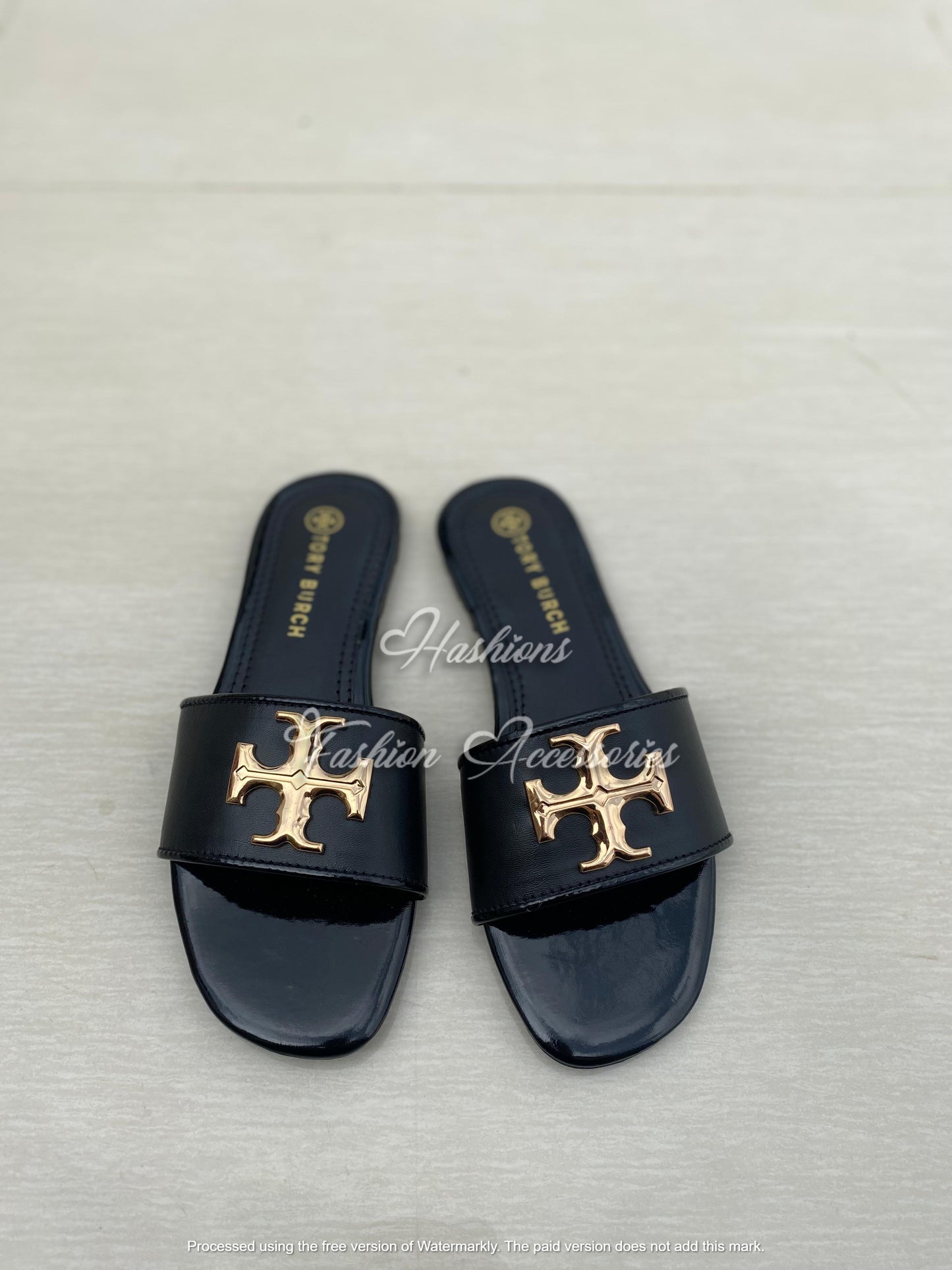 Classic Black Slide Sandals - Gold Hardware Glossy Flats