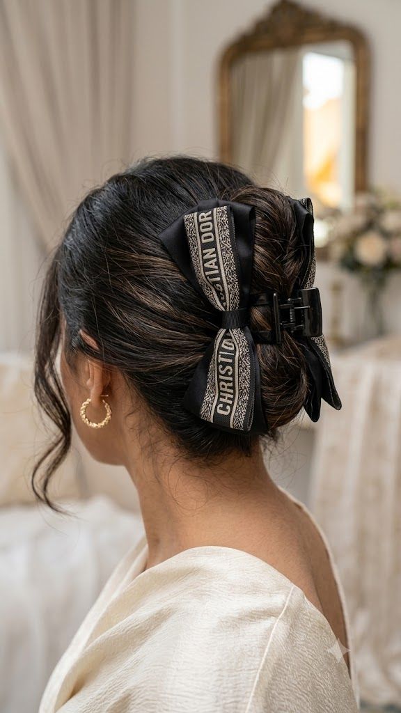 Embroidered Satin Bow Claw Clip