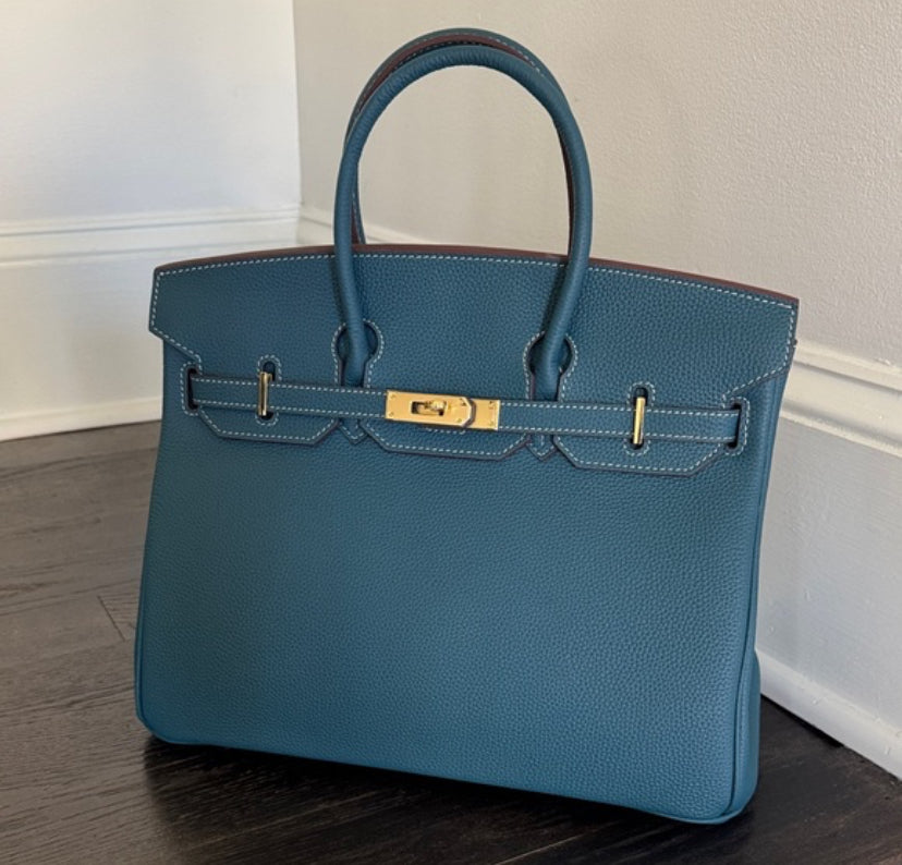 Women’s 30cm Structured Top Handle Bag – Genuine Togo Leather with Gold Hardware
