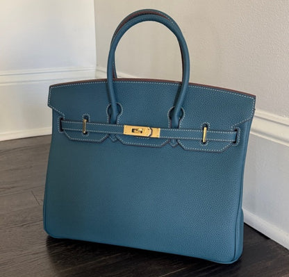 Women’s 30cm Structured Top Handle Bag – Genuine Togo Leather with Gold Hardware