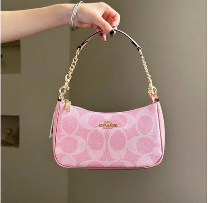 Blush Pink Monogram Shoulder Bag – Mini Crescent Design with Gold Chain