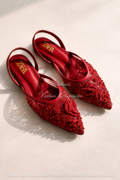 Pointed Toe Embellished Mesh Slingback Flats – Bridal & Evening Shoes