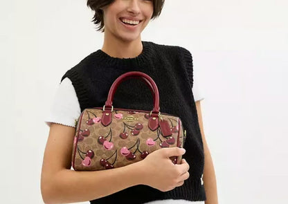 Cherry Print Pebbled Leather Boston Bag - Classic Top-Handle Barrel Satchel
