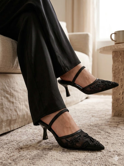 Pearl & Sequin Embellished Mesh Mules