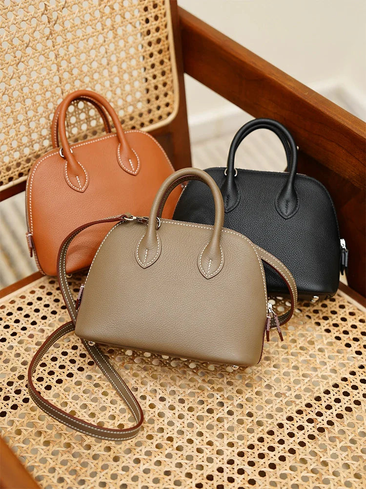 Classic Structured Dome Satchel – Grained Leather Top-Handle Bag with Padlock Detail