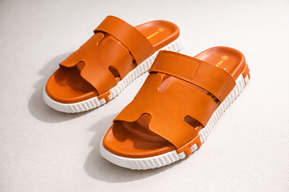 Cut-Out Wide Strap Slide Sandals with Serrated Platform Sole