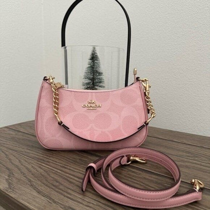 Blush Pink Monogram Shoulder Bag – Mini Crescent Design with Gold Chain
