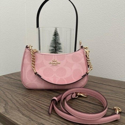 Blush Pink Monogram Shoulder Bag – Mini Crescent Design with Gold Chain