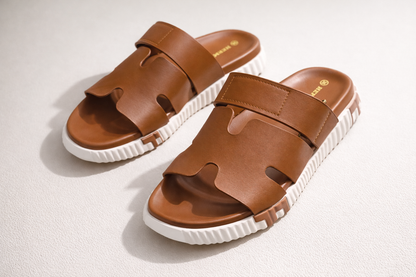 Cut-Out Wide Strap Slide Sandals with Serrated Platform Sole