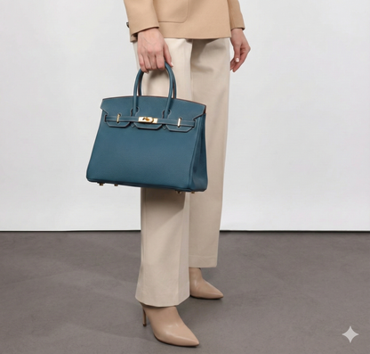 Women’s 30cm Structured Top Handle Bag – Genuine Togo Leather with Gold Hardware