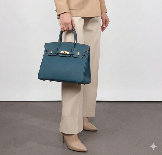 Women’s 30cm Structured Top Handle Bag – Genuine Togo Leather with Gold Hardware