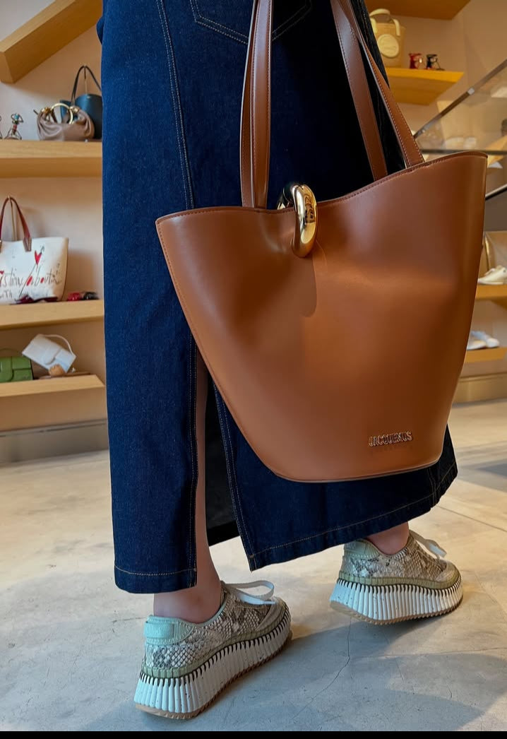 Sculptural Bucket Tote in Tan – Large Shoulder Bag with Ring Detail