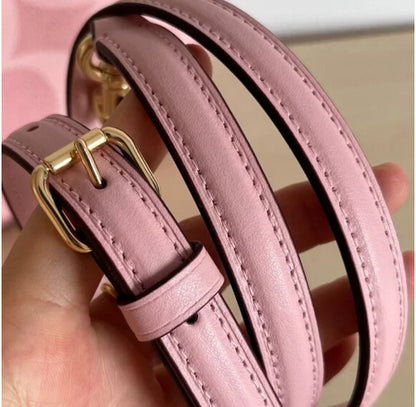 Blush Pink Monogram Shoulder Bag – Mini Crescent Design with Gold Chain