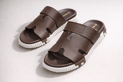 Cut-Out Wide Strap Slide Sandals with Serrated Platform Sole