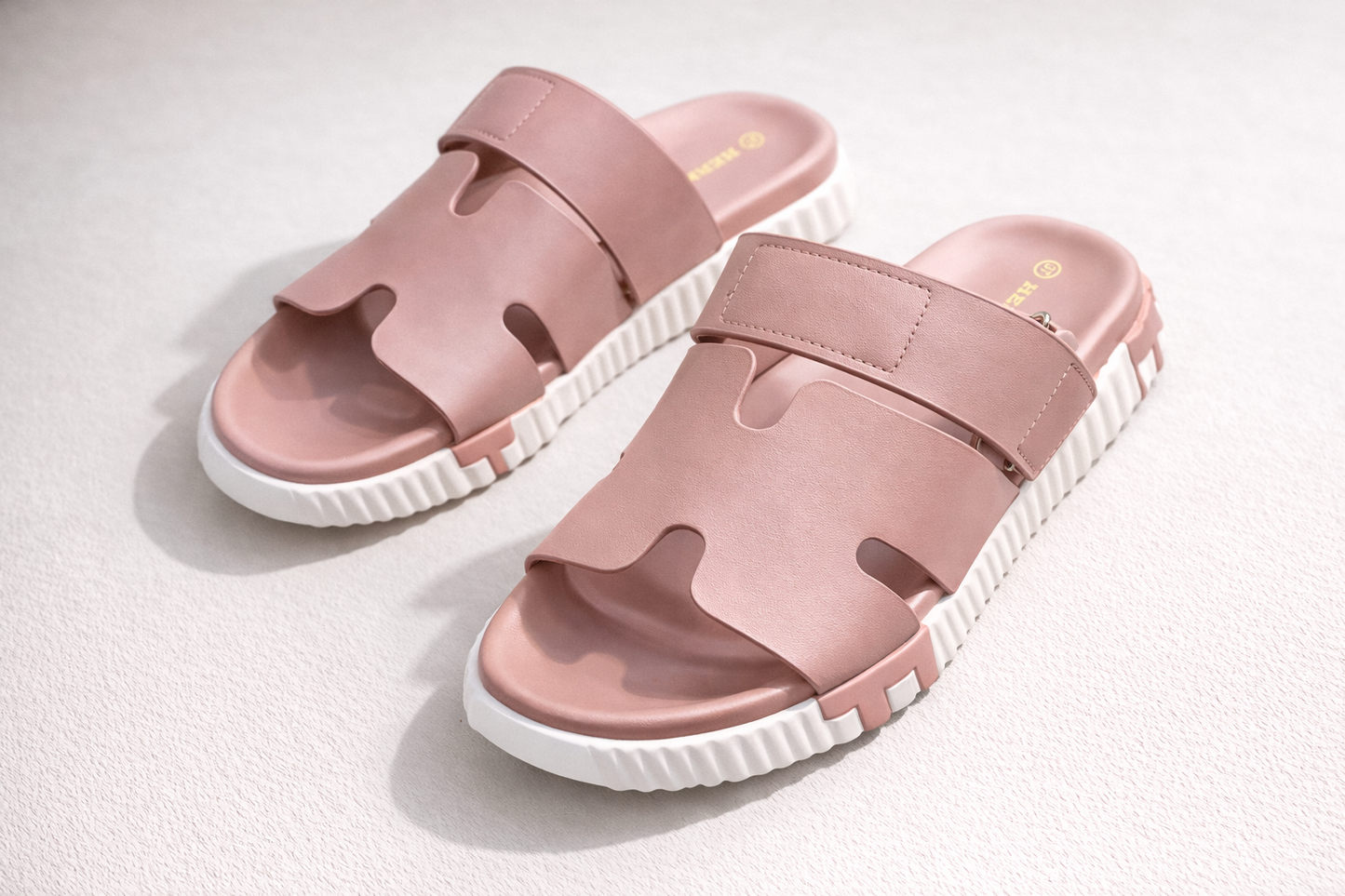 Cut-Out Wide Strap Slide Sandals with Serrated Platform Sole