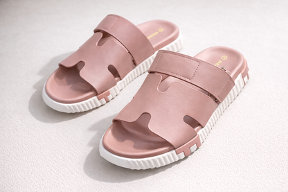Cut-Out Wide Strap Slide Sandals with Serrated Platform Sole