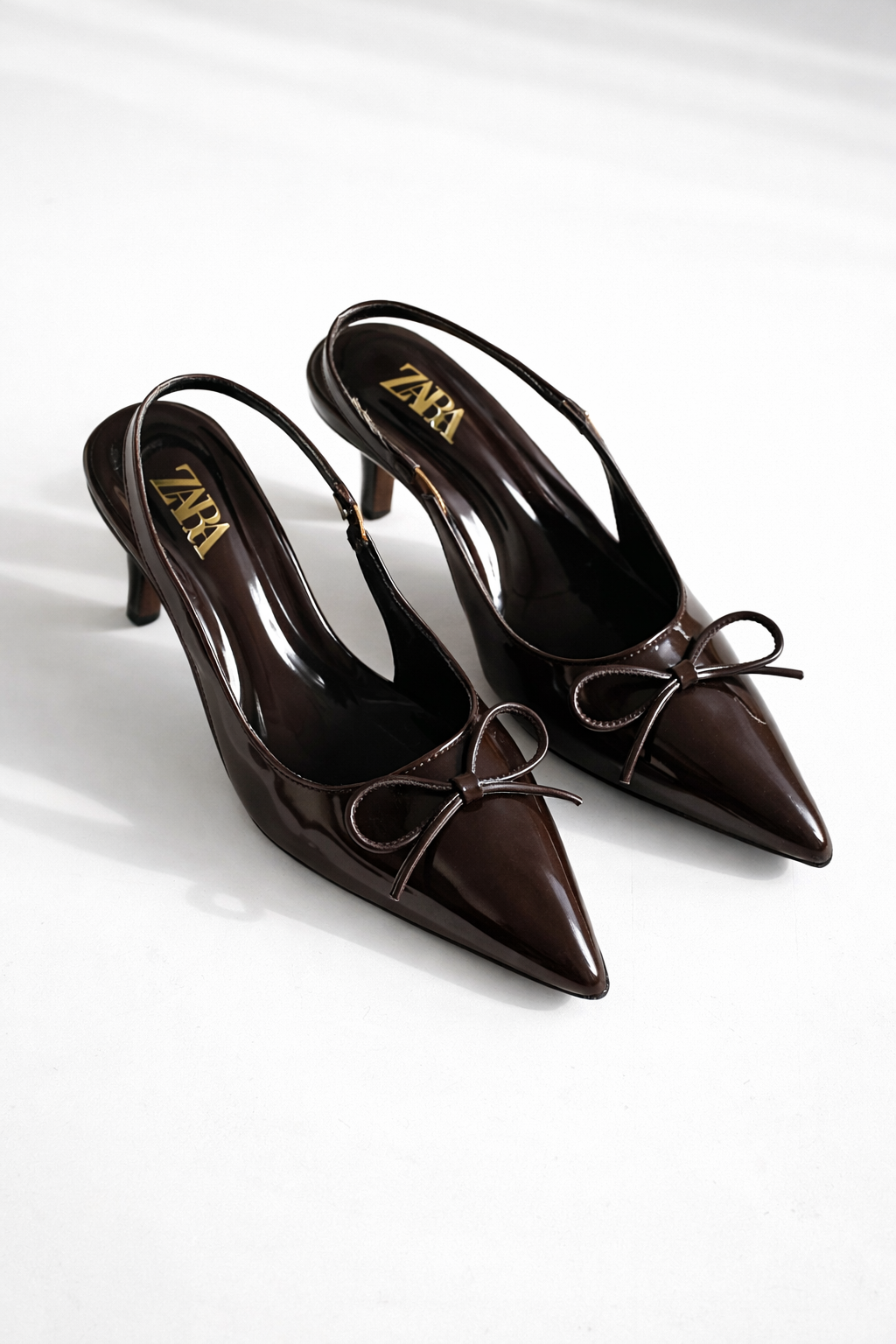 Patent Pointed-Toe Slingback Kitten Heels with Bow Detail