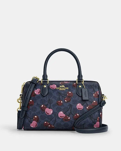 Cherry Print Pebbled Leather Boston Bag - Classic Top-Handle Barrel Satchel