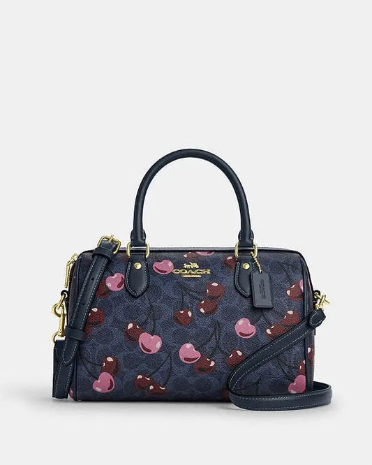Cherry Print Pebbled Leather Boston Bag - Classic Top-Handle Barrel Satchel
