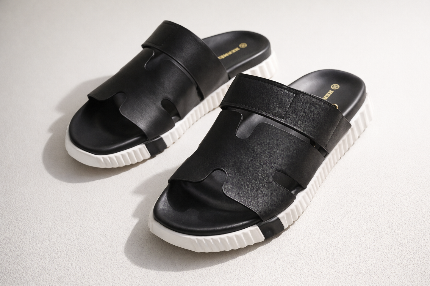 Cut-Out Wide Strap Slide Sandals with Serrated Platform Sole
