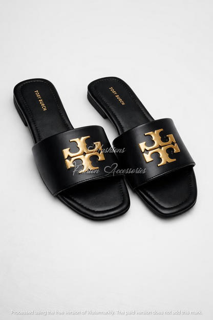 Elegant Gold-Emblem Flat Slides - Chic Open-Toe Leather Sandals