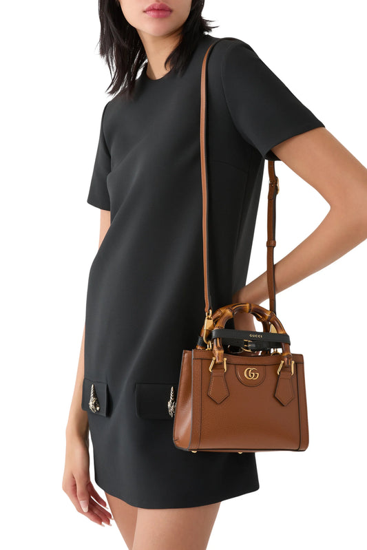 Vintage Mini Leather Tote with Natural Bamboo Top Handle