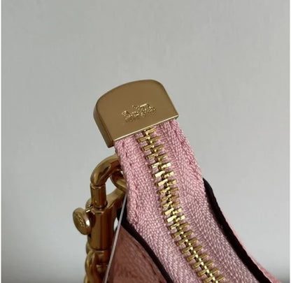 Blush Pink Monogram Shoulder Bag – Mini Crescent Design with Gold Chain