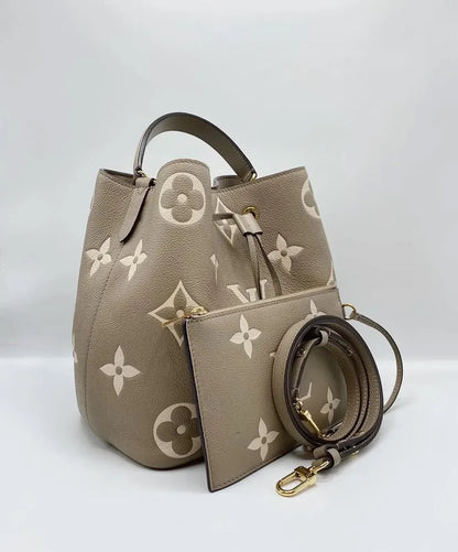 Monogram Bucket Bag in Taupe – Drawstring Shoulder & Crossbody, Spacious Everyday Purse
