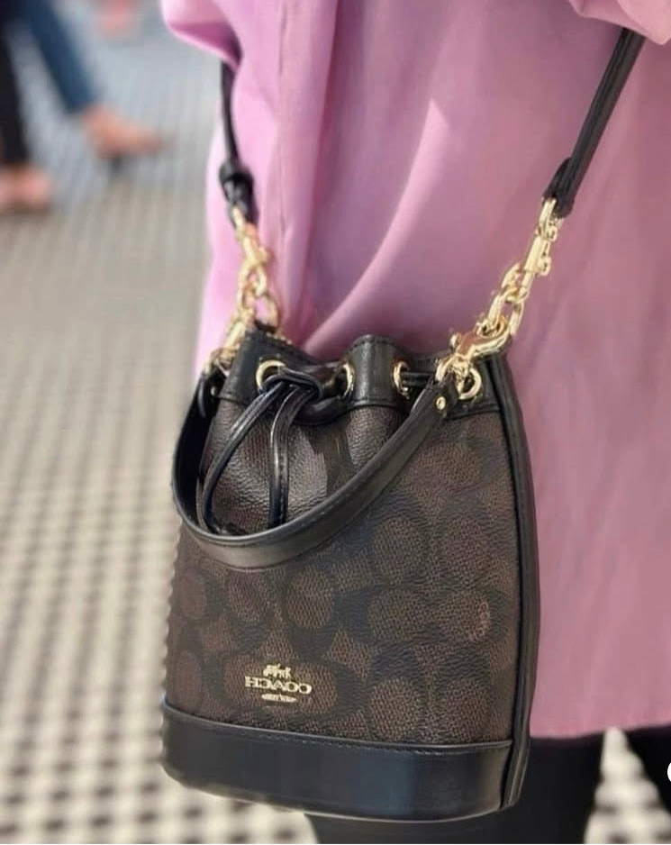 Monogram Leather Bucket Bag - Designer Style Drawstring Purse